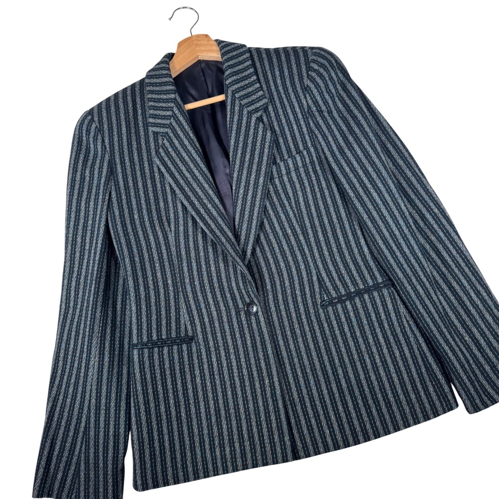Cassis Suit Blazer Women 10 Black Blue Pinstripe Metallic Vintage ILGWU USA Made